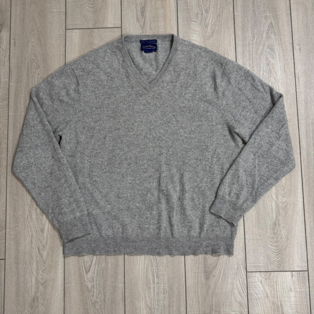 Club Room V-Neck Sweater Mens XL Gray 100% Cashmere Long Sleeve Knit
